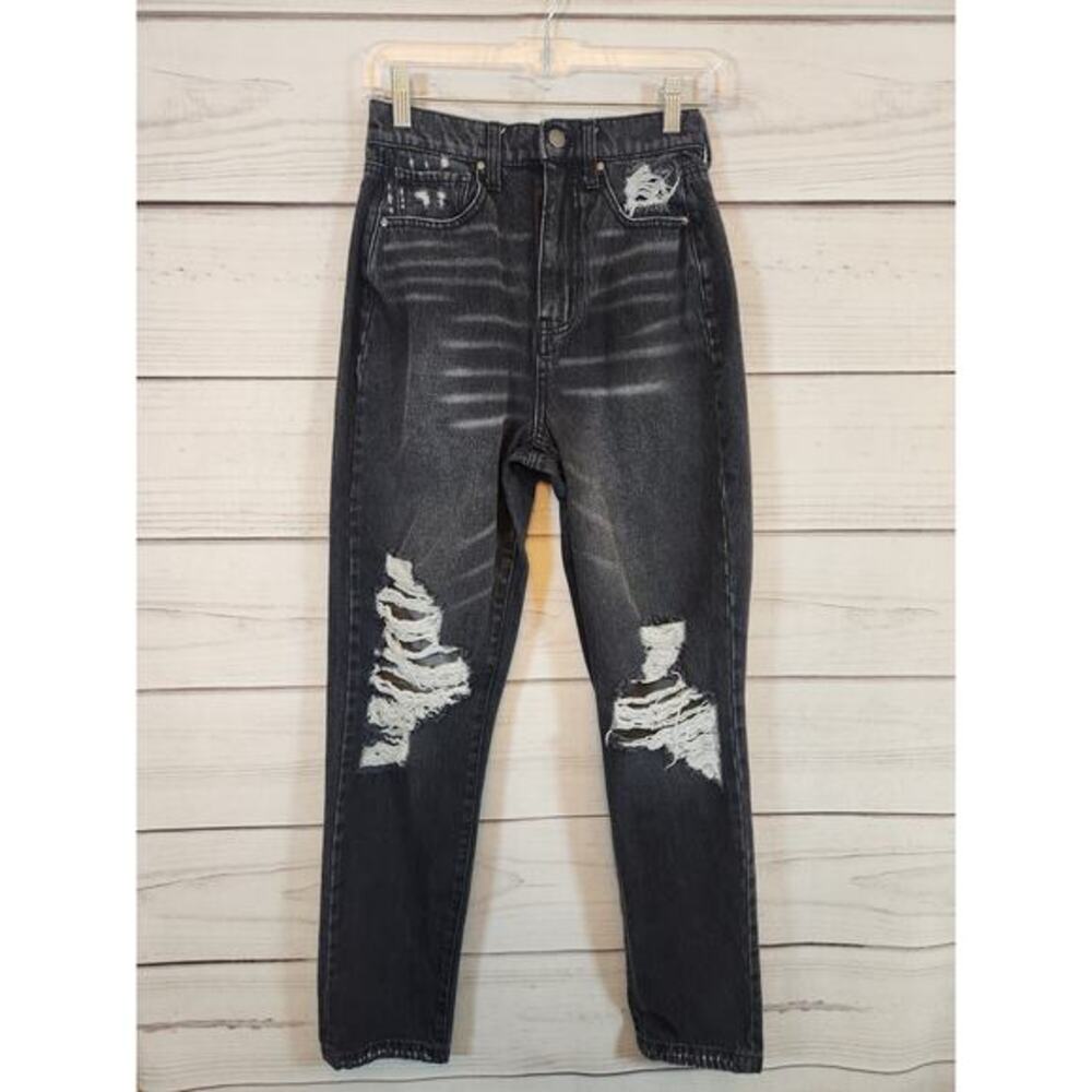 RSQ Women's Black Solid High Rise Cotton‎ Distressed 90s Straight Jeans Size 25